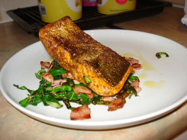 pan-fried salmon with spring greens and bacon
