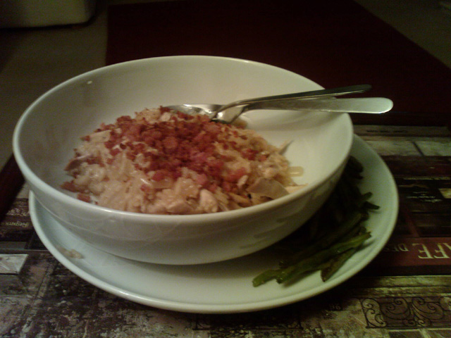 chicken risotto with bacon breadcruumbs and roasted green beans