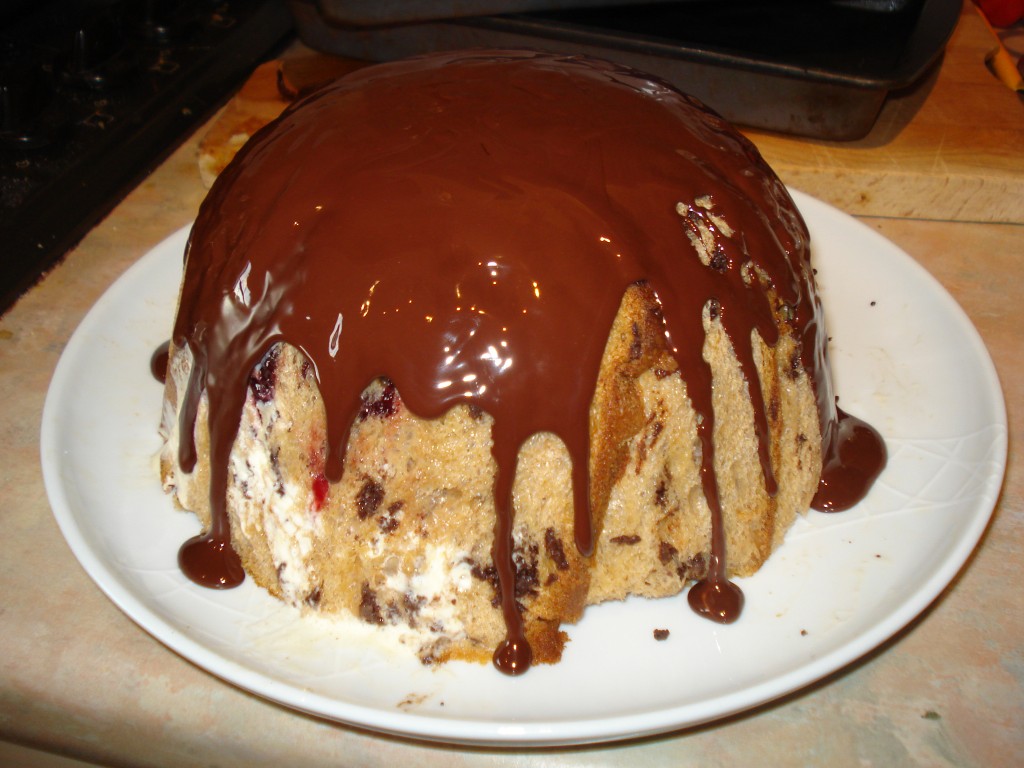 winter pudding bombe, dripping with chocolate