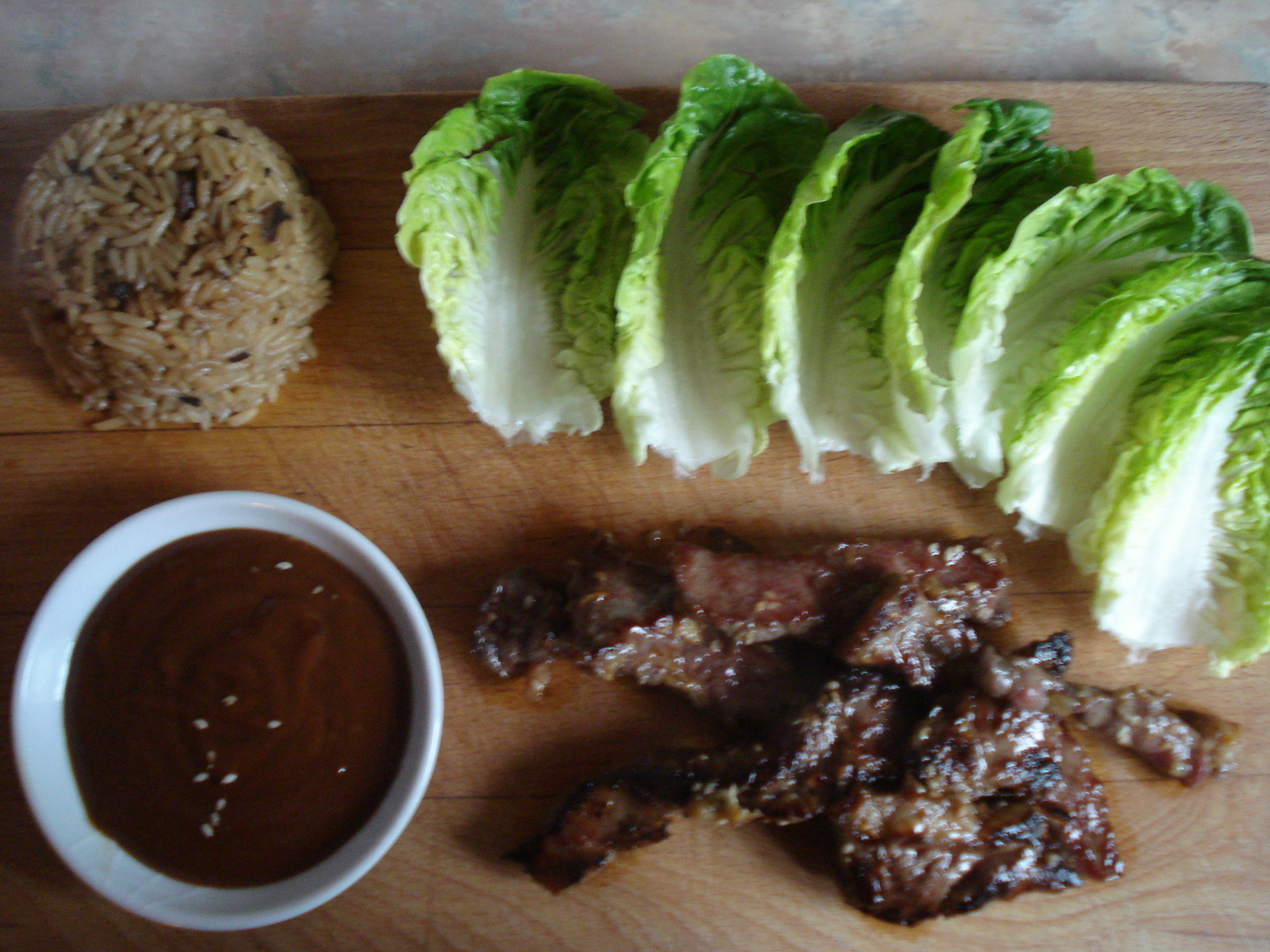 kalbi with ssam jang sauce with lettuce and rice