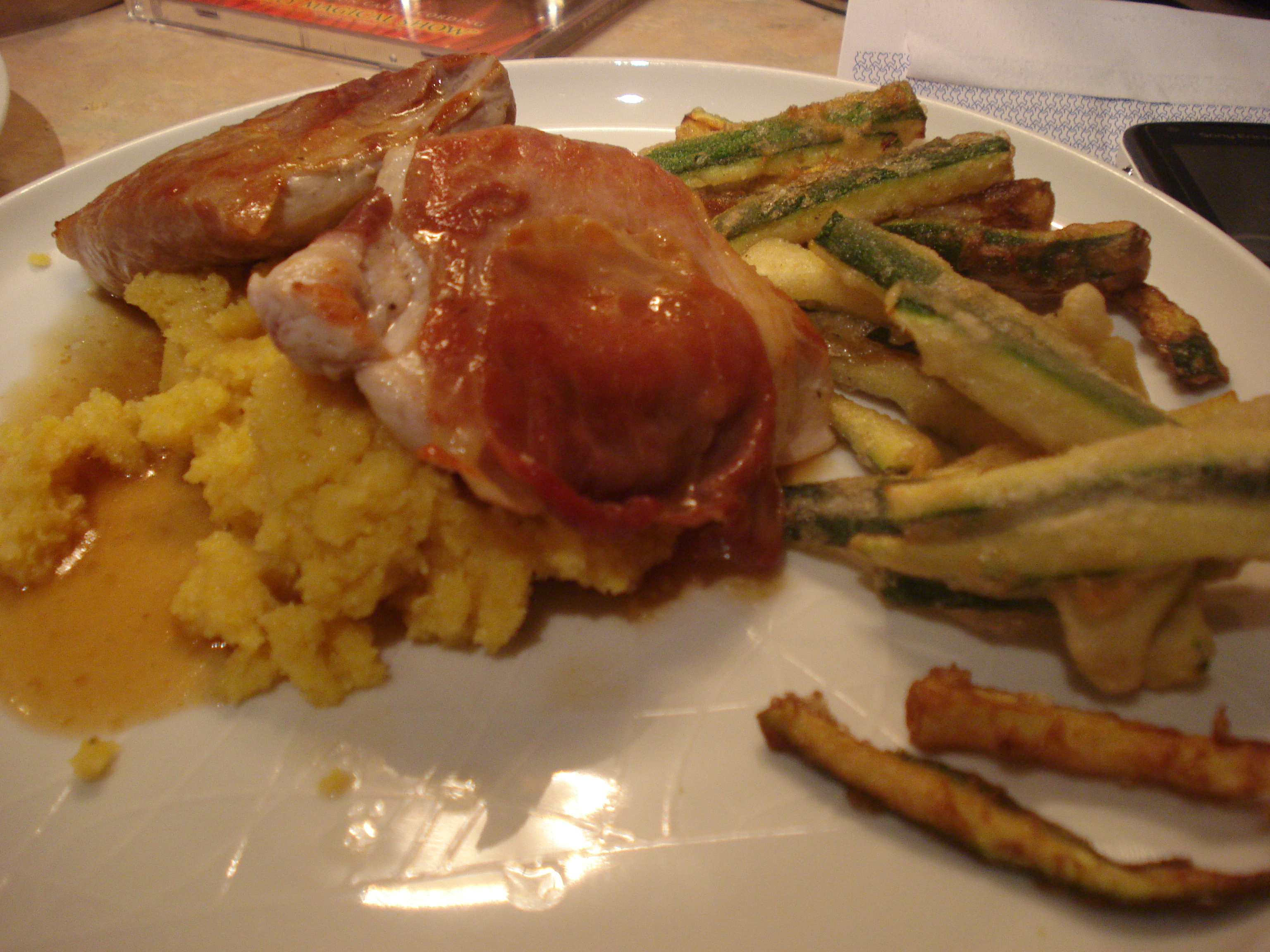 turkey and veal saltimbocca with polenta and courgette fries