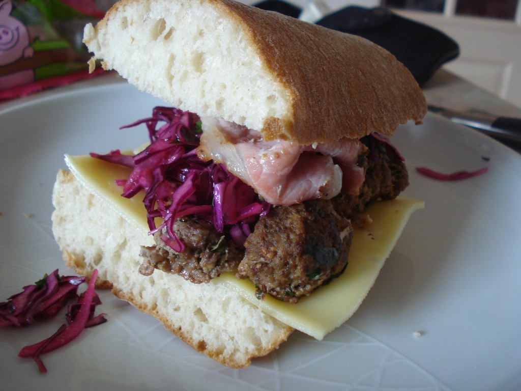 meatball sandwich with pickled red cabbage