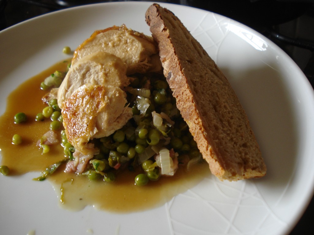 roast chicken with petits pois a la francais and sourdough bread