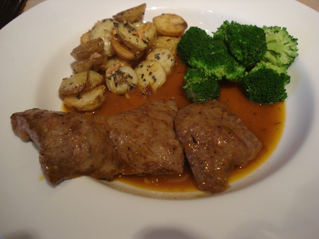 veal escalopes in marsala sauce with new potatoes and broccoli