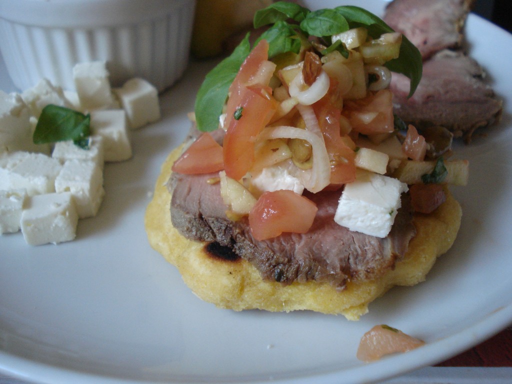 gorditas with apple salsa, feta and veal