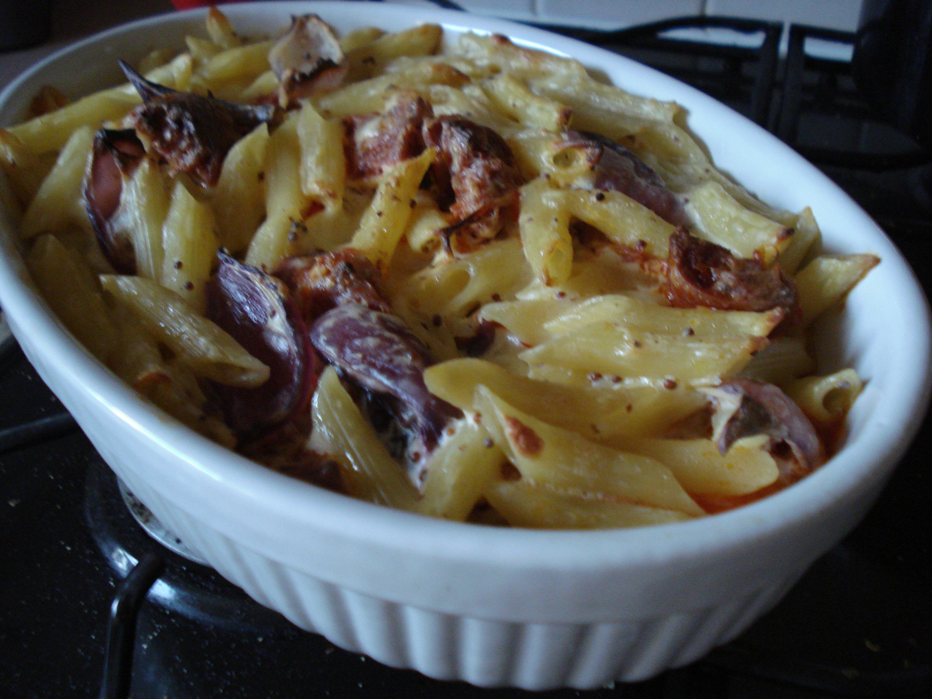 chorizo and red onion penne bake