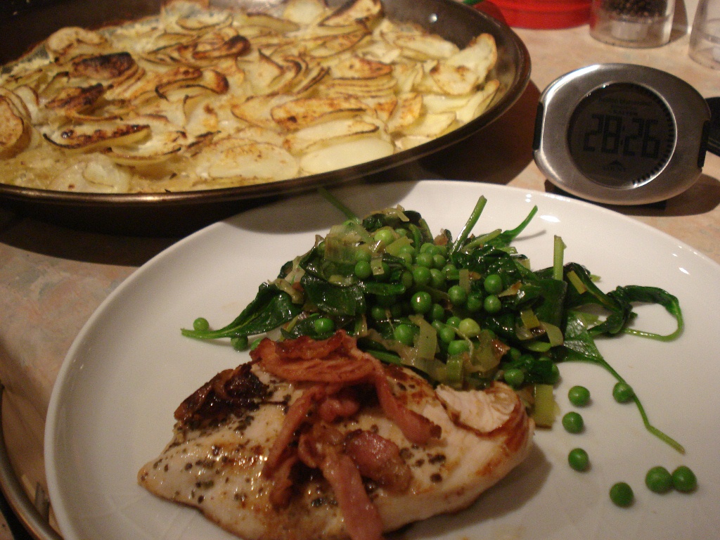 jamie oliver's 15 minute golden chicken with potato gratin and greens