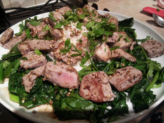 tuna with greens and coconut rice