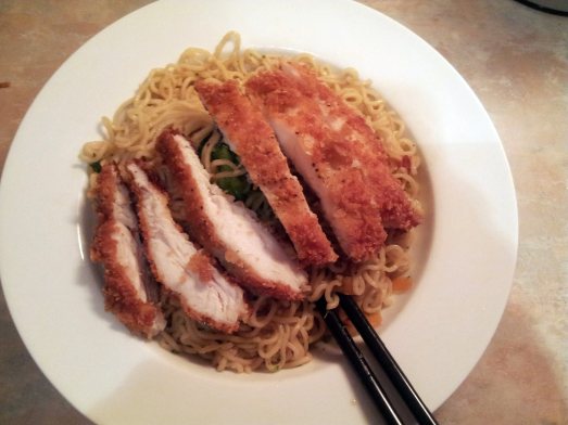 chicken panko katsu on oyster noodles