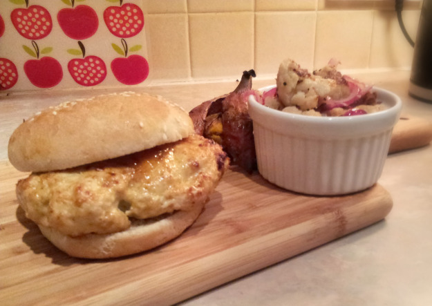 turkey masala burgers with sweet potato wedges and cauliflower pickle