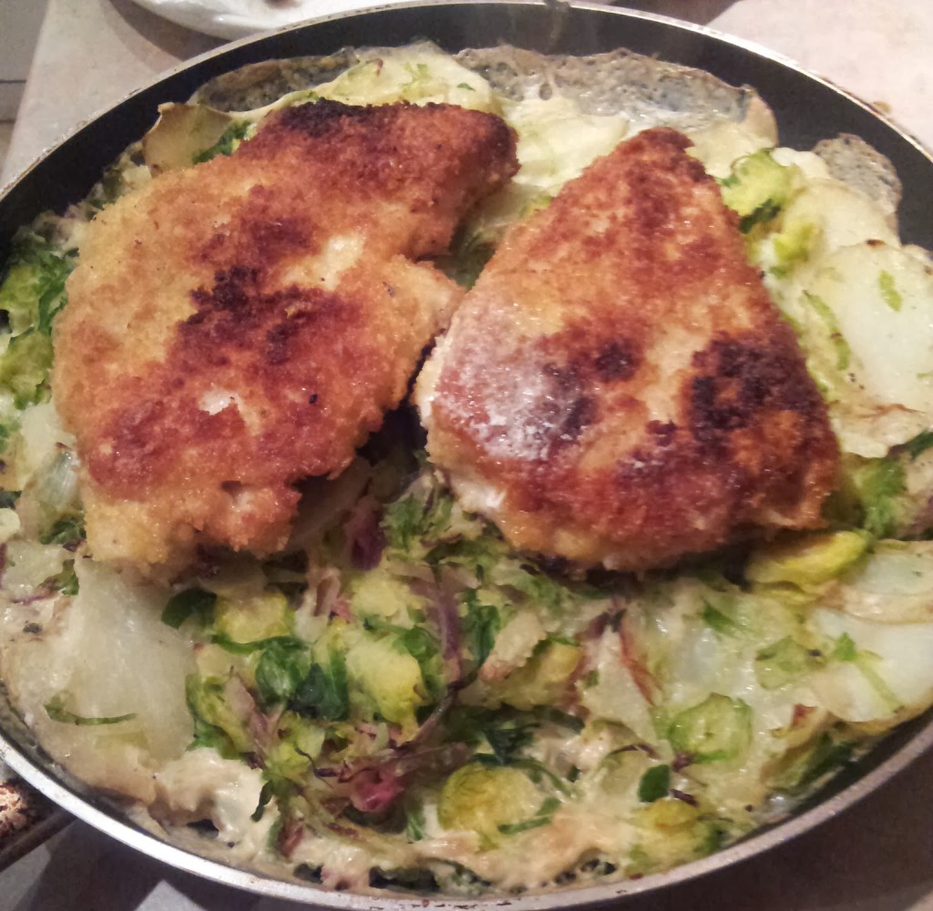 crispy parmesan chicken with sprout gratin