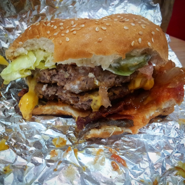 five guys UK bacon cheeeseburger all the way