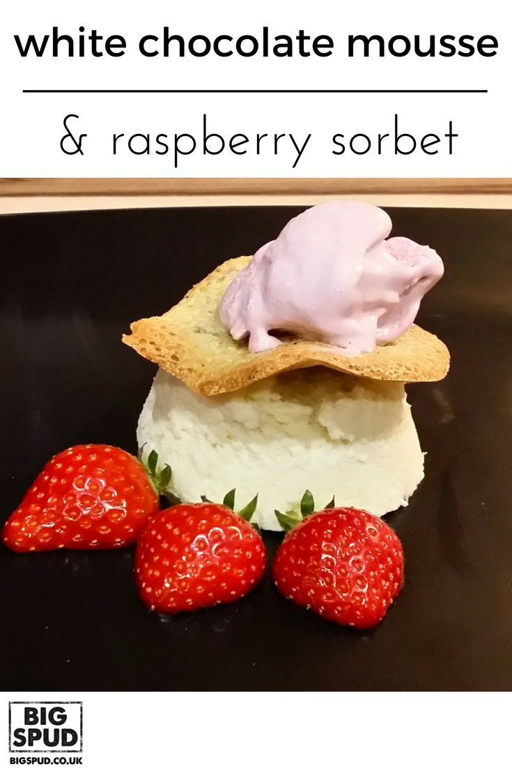 white chocolate mousse raspberry sorbet pistachio tuile