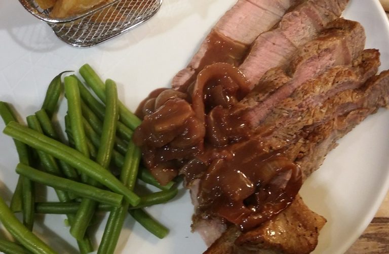 bone-in sirloin steak with red wine and onion sauce - BigSpud